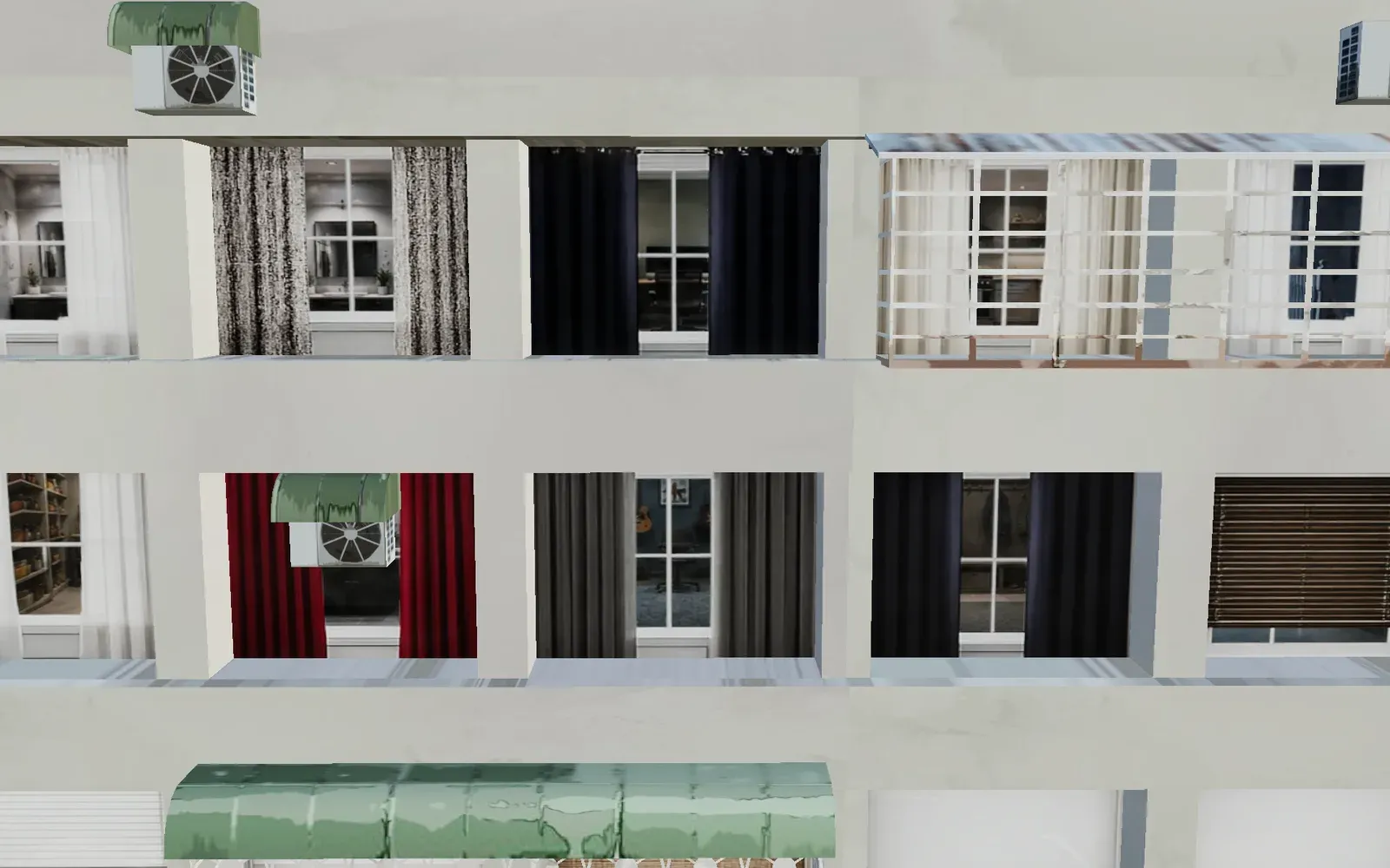 A facade at midday, rooms visible behind every pane