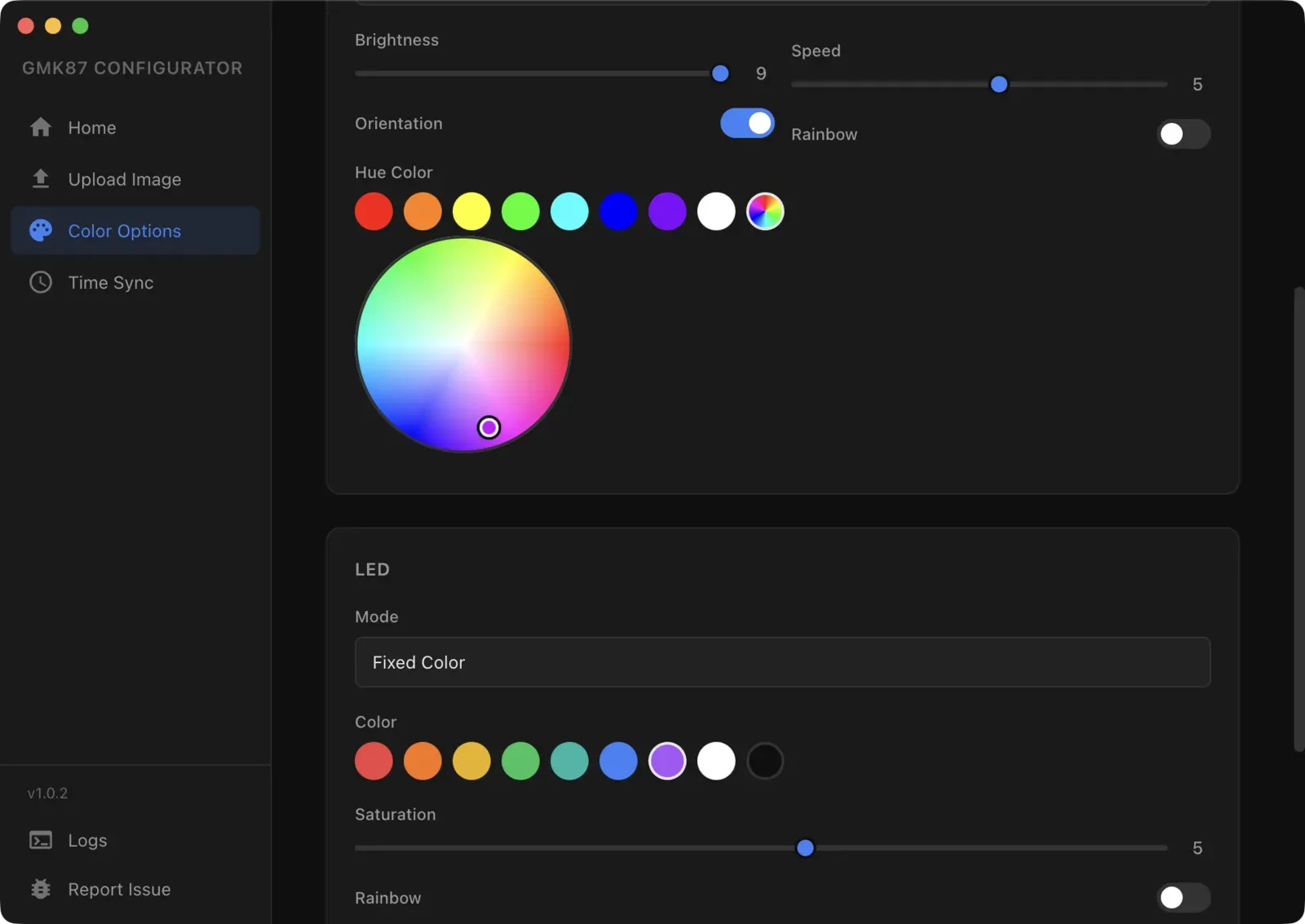 The Color Options screen with presets, an effect picker, sliders and a color wheel