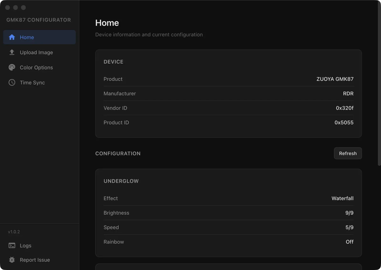 The Home screen listing the connected keyboard and its current lighting configuration