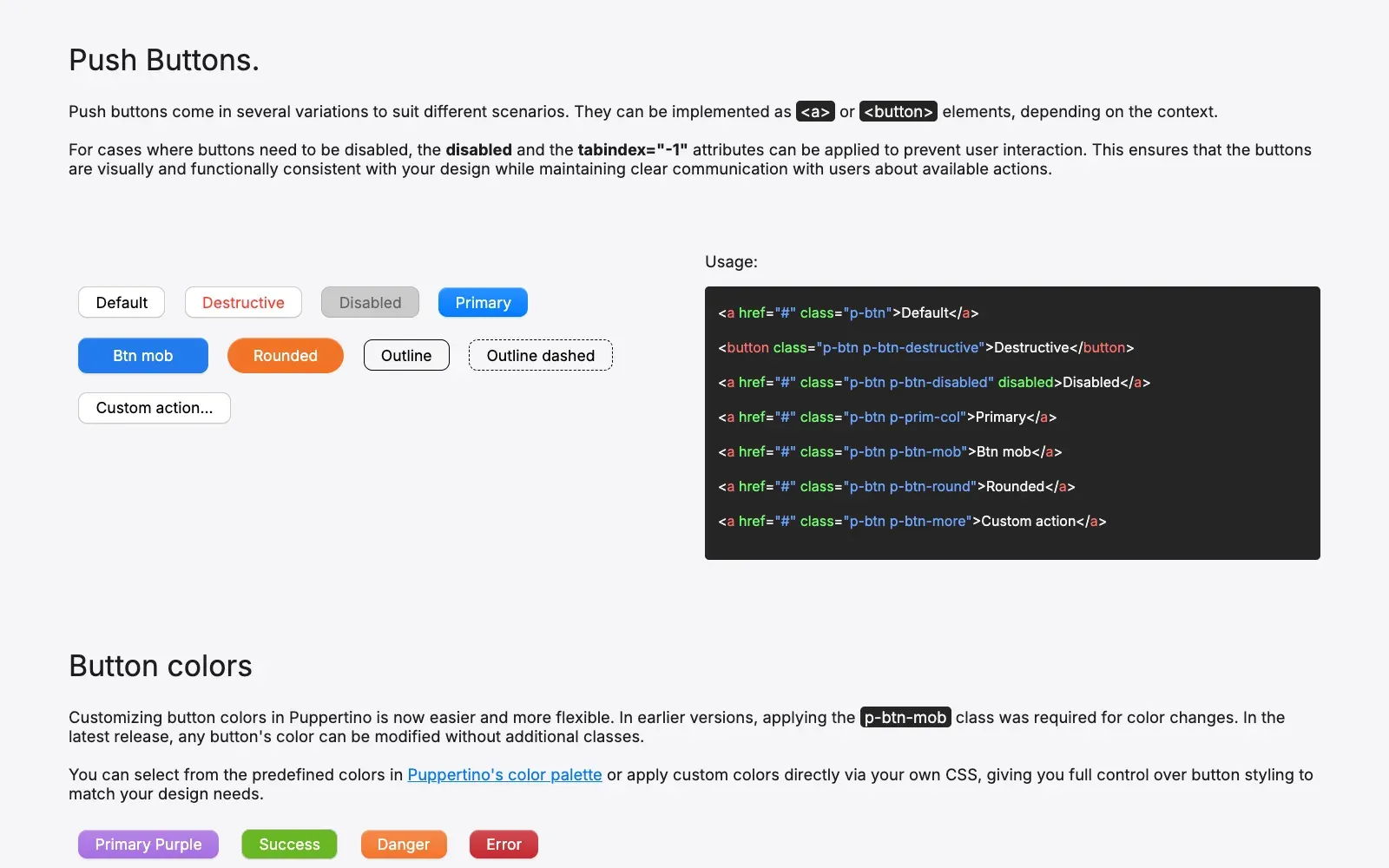Documentation page for buttons, with live button variants on the left and the matching markup on the right