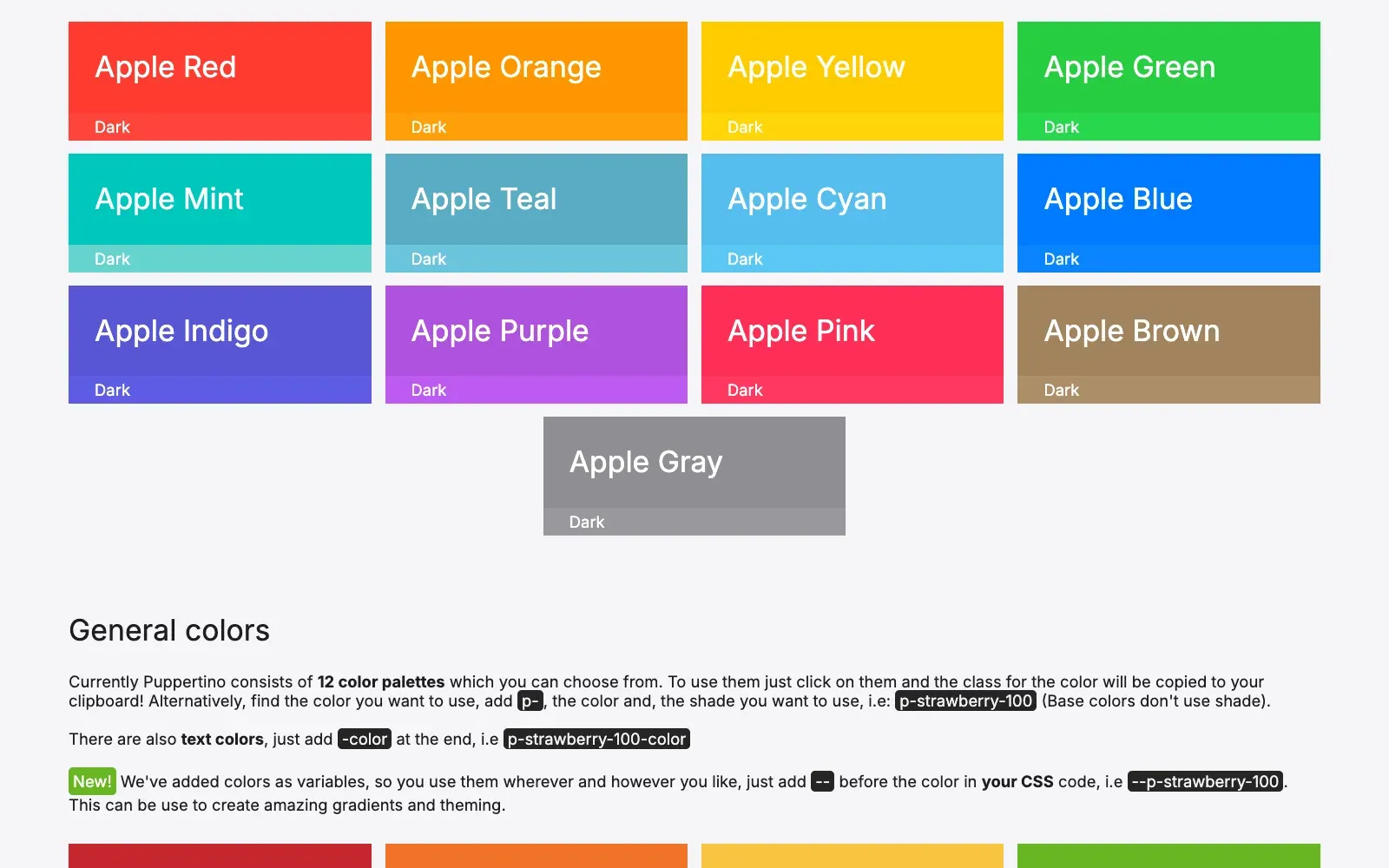 A grid of Apple system color swatches, each with its dark variant underneath