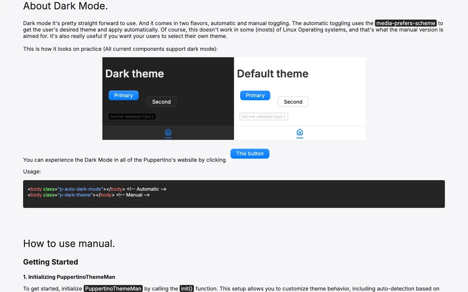 Two panels side by side showing the same buttons, input and tab bar in a dark theme and a light theme
