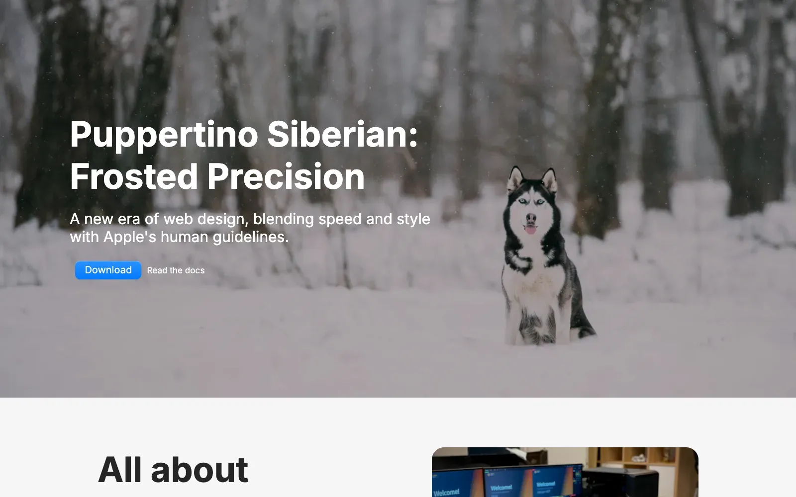 The Puppertino landing page, with the framework name over a photo of a husky in the snow