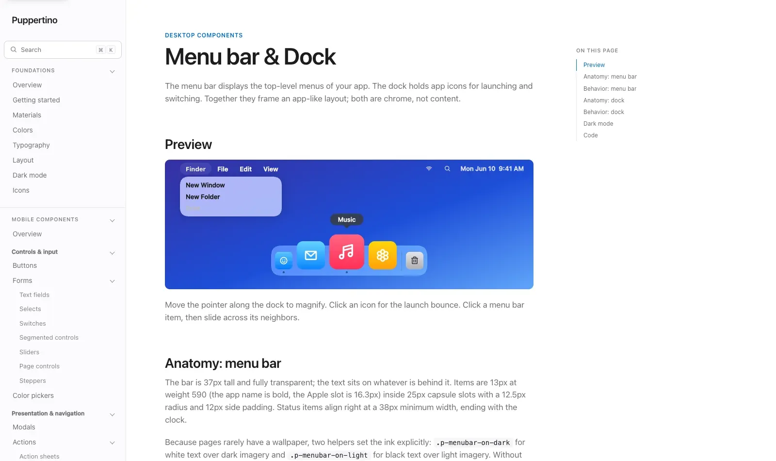 Documentation page for the menu bar and dock, showing a macOS menu bar with an open menu and a dock with a magnified icon