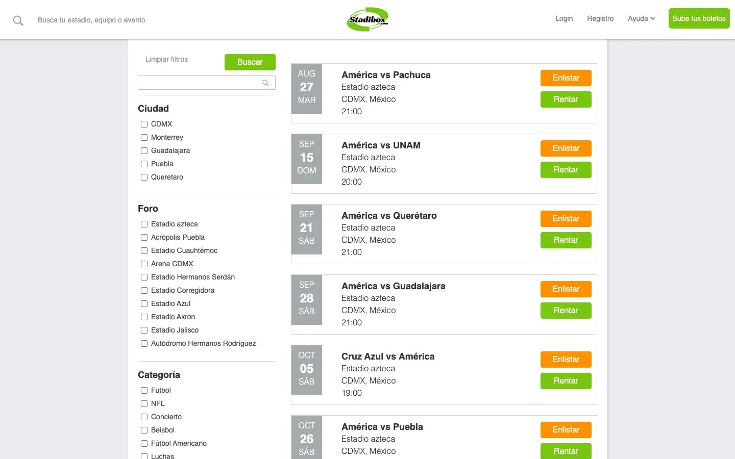 Search results with a sidebar filtering by city, stadium, category and date range