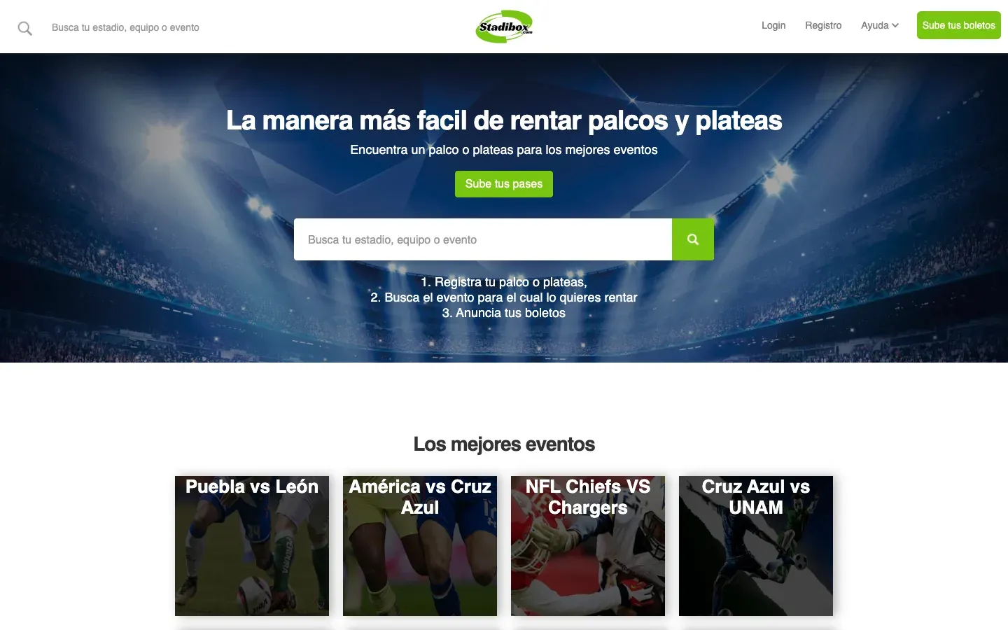 The Stadibox homepage, with a stadium photo behind the search bar and a grid of upcoming events below