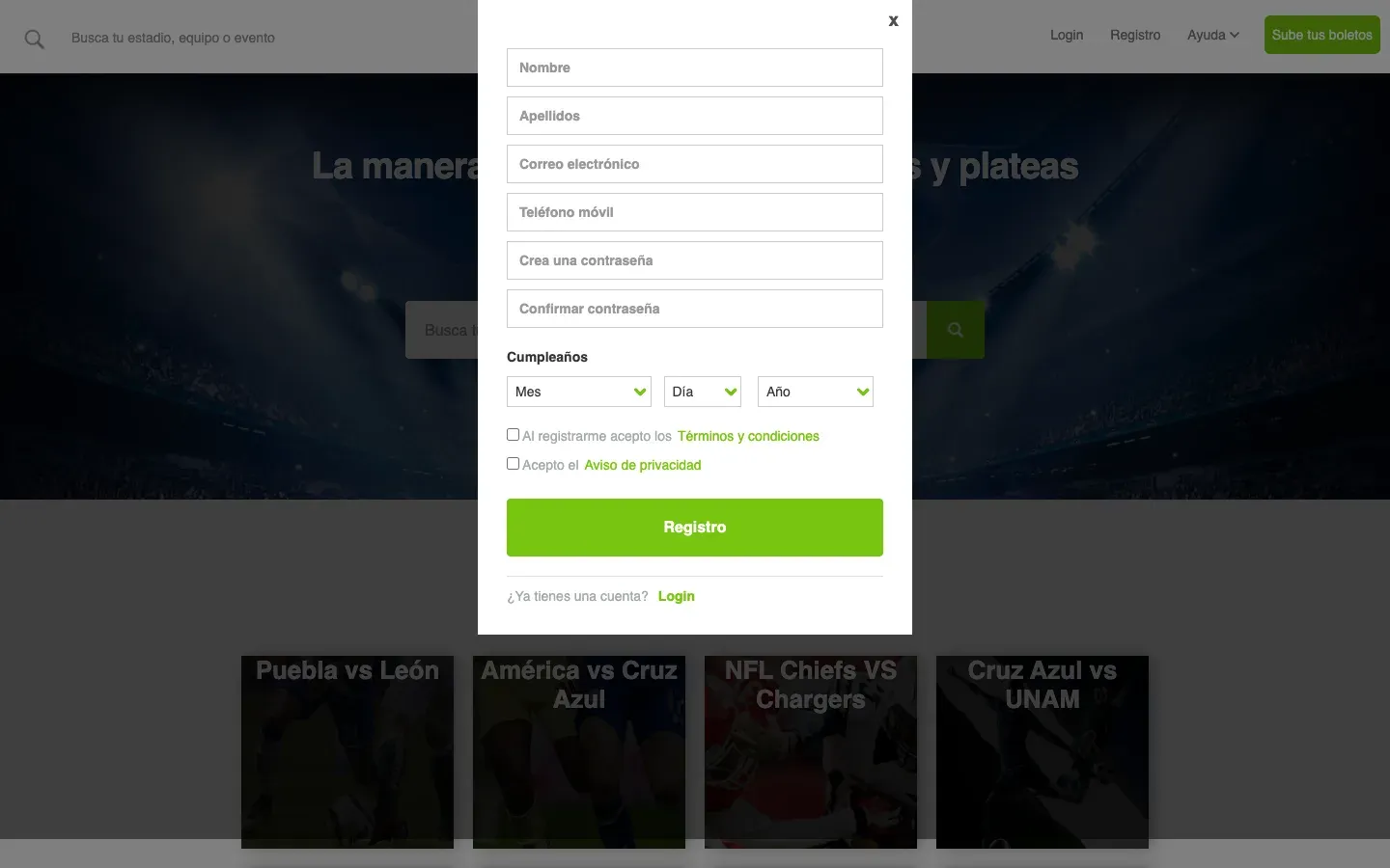 The registration pop-up, with name, email, phone, password fields and a birthdate selector