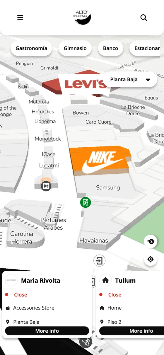 Alto Palermo, a shopping mall with extruded 3D stores and its own logo in the header