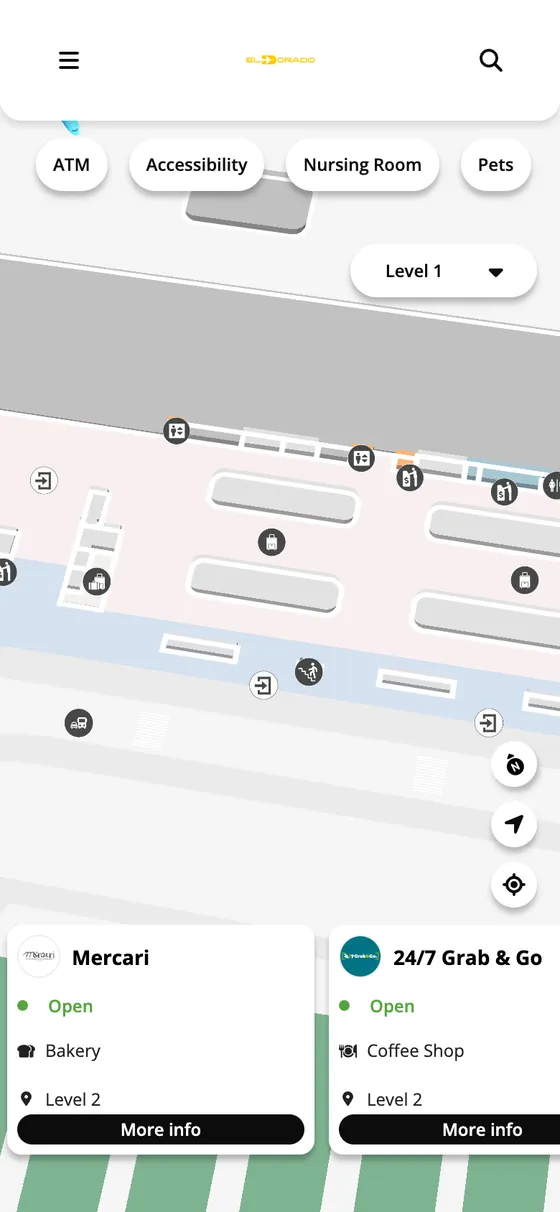 El Dorado airport, a flat top down terminal map with gates, check in desks and its own branding